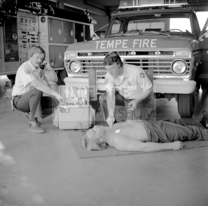 Tempe Fire Paramedics practice on fire engineer with "Telecare" unit