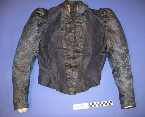 Basque, Blue Taffeta, Brocade Trimmed