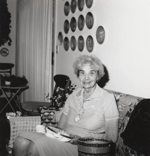 Rayma Neeb needlepoints in her living room