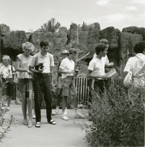 A group of people take a tour through the Arizona-Sonora Desert Museum.