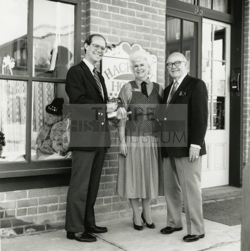 David Eisenhower, Carol Smith and Howard Pyle in front of Hackett House, Sister City Oktoberfest