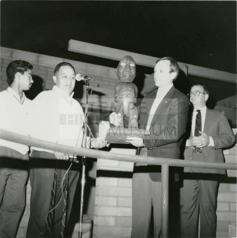 Mayor Harry Mitchell Presented with Maori Statue by Members of Waiwhetu Cultural Club of Lower Hutt, New Zealand