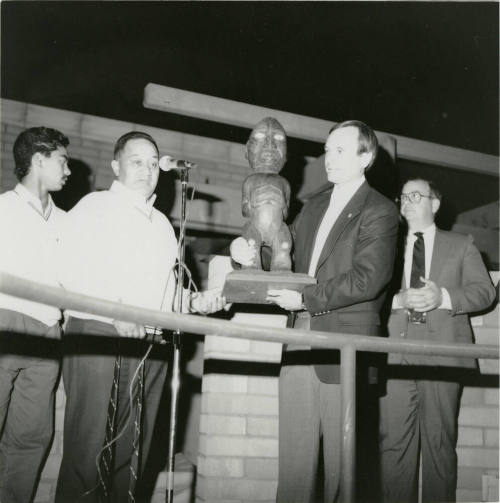 Mayor Harry Mitchell Presented with Maori Statue by Members of Waiwhetu Cultural Club of Lower Hutt, New Zealand