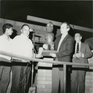 Mayor Harry Mitchell Presented with Maori Statue by Members of Waiwhetu Cultural Club of Lower Hutt, New Zealand