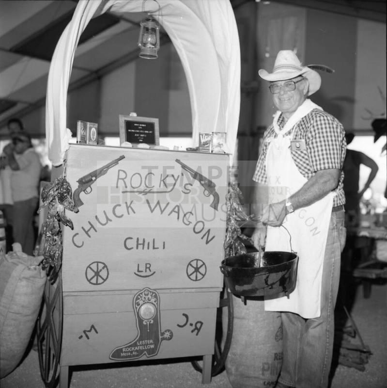 Arizona State Chili Cook-off. Lester Rockafellow with Rocky's Chuck Wagon and Cauldron