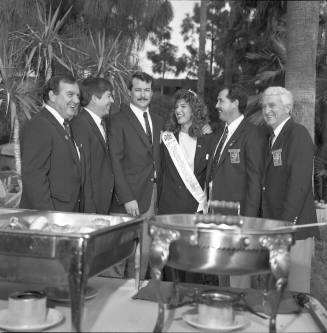 Fiesta Bowl Pregame Party L to R: Diablos Gene La Rue, Doug Royse, Ken Lassen, Tempe Fiesta Bowl Queen Heather Moore, George Vasquez and Art Adams