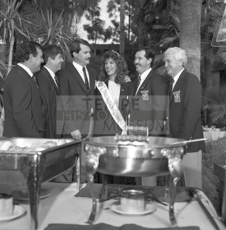 Fiesta Bowl Pregame Party L to R: Diablos Gene La Rue, Doug Royse, Ken Lassen, Tempe Fiesta Bowl Queen Heather Moore, George Vasquez and Art Adams