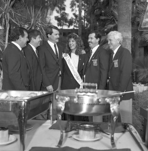 Fiesta Bowl Pregame Party L to R: Diablos Gene La Rue, Doug Royse, Ken Lassen, Tempe Fiesta Bowl Queen Heather Moore, George Vasquez and Art Adams
