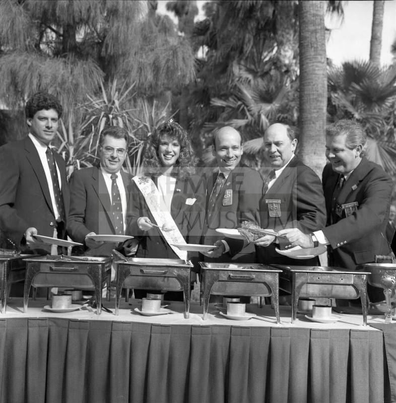 Fiesta Bowl Pregame Party L to R: Diablos Gene La Rue, Doug Royse, Ken Lassen, Tempe Fiesta Bowl Queen Heather Moore, George Vasquez and Art Adams