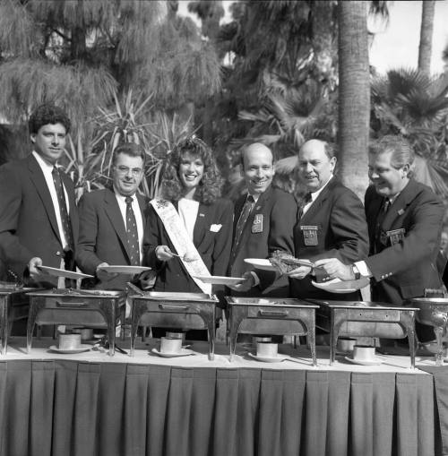 Fiesta Bowl Pregame Party L to R: Diablos Gene La Rue, Doug Royse, Ken Lassen, Tempe Fiesta Bowl Queen Heather Moore, George Vasquez and Art Adams