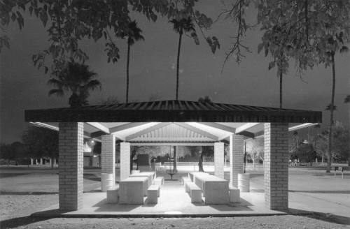 A Tempe Park covered picnic area at night.