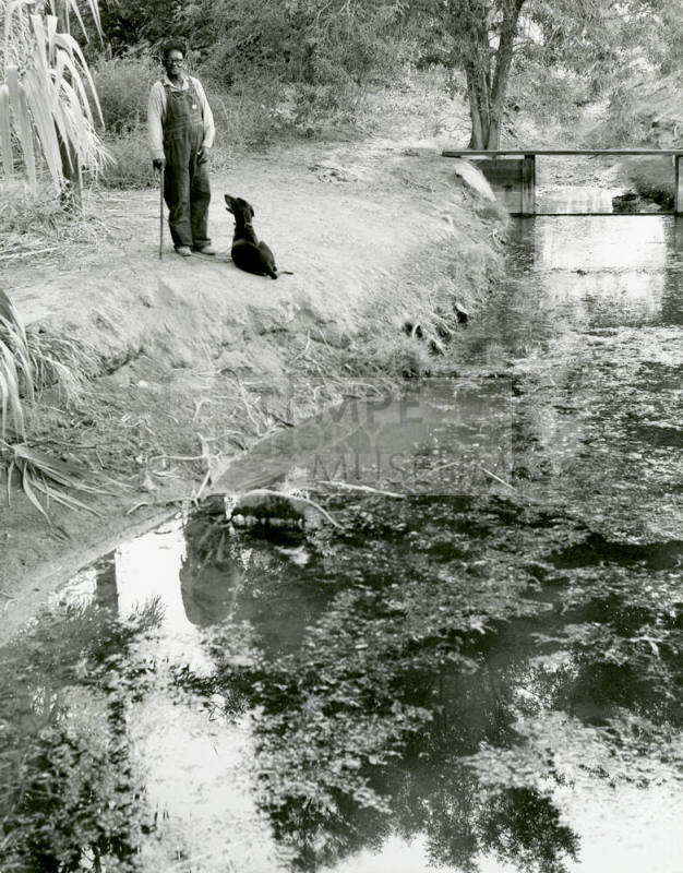 Guadalupe Road on the southside with a ditch, resident, and his dog.