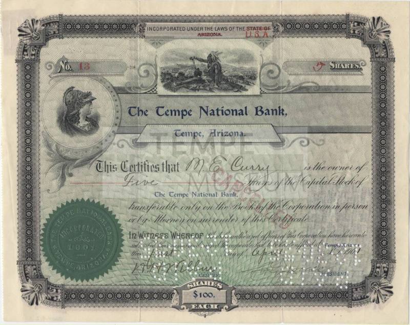 Tempe National Bank Certificate from M. E. Curry
