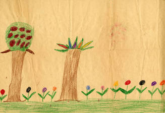 Crayon drawing of trees and flowers