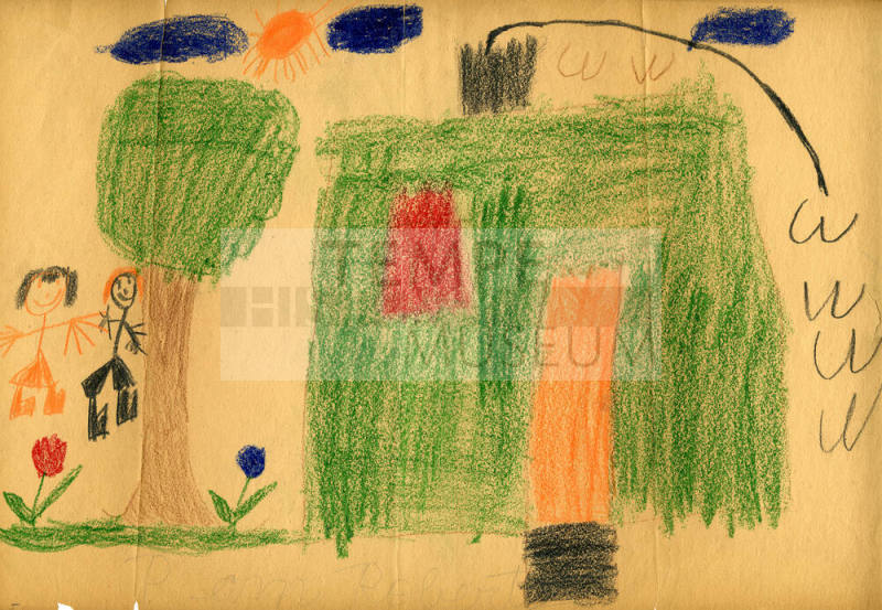 Crayon drawing of House, Tree, and People