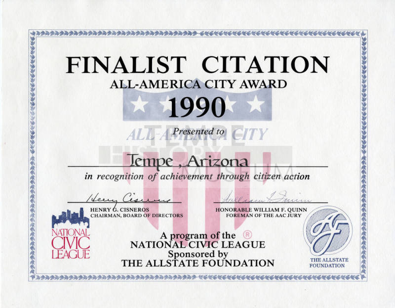 Finalist Citation 1990 All America City Award