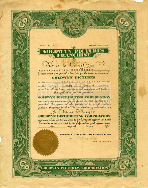 Certificate- franchise operation certificate for Tempe Opera House