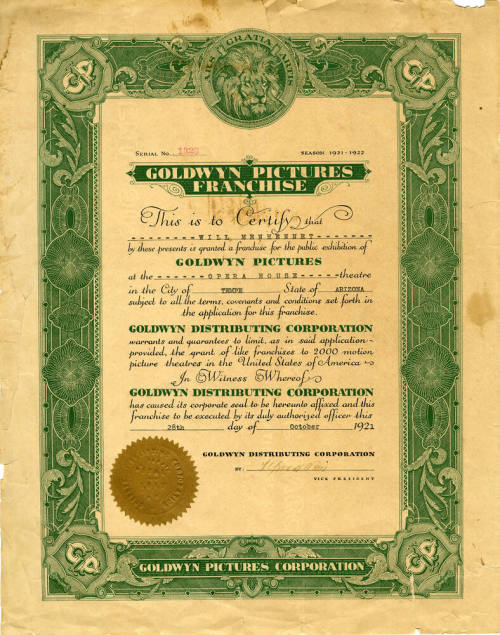 Certificate- franchise operation certificate for Tempe Opera House