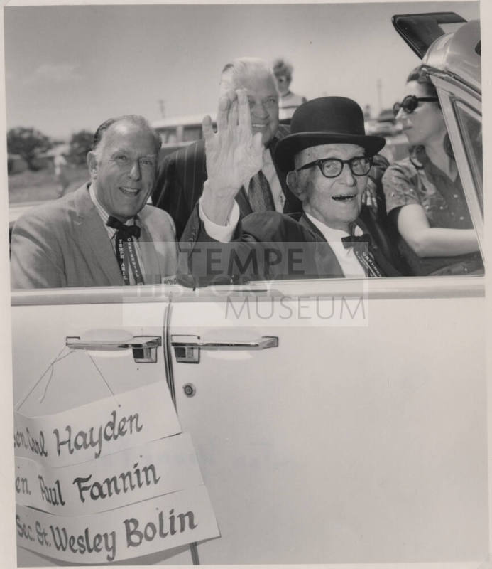 Carl Hayden in open Car Tempe Centennial with Wesley Bolin and Paul Fannin
