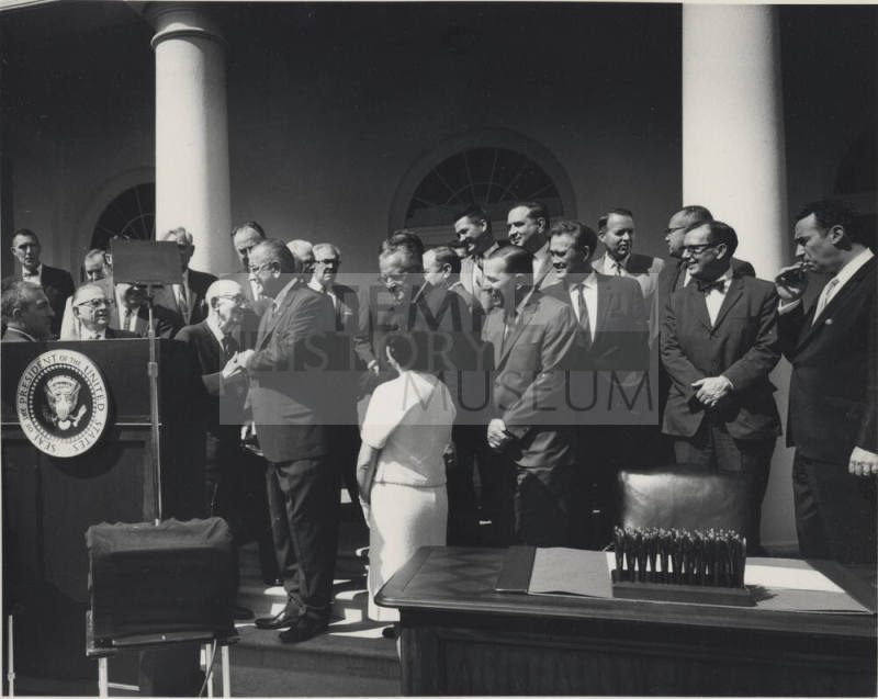 Senator Hayden shaking hands with President Johnson on the White House Porch