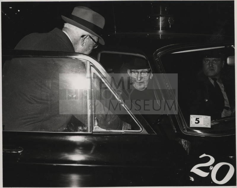 Senator Hayden arrives at destination in official car, Washington D.C.