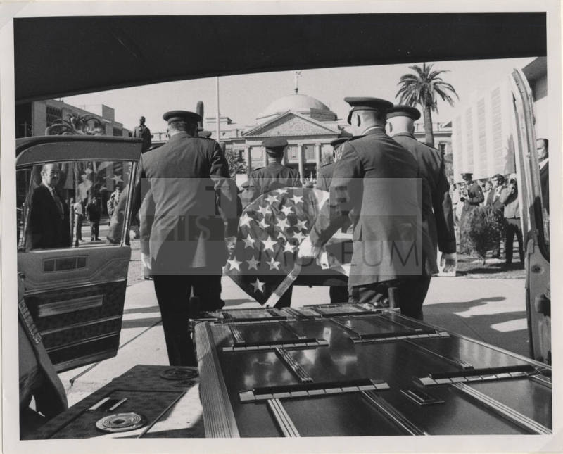 Carl Hayden's Coffin being Removed from Hearse