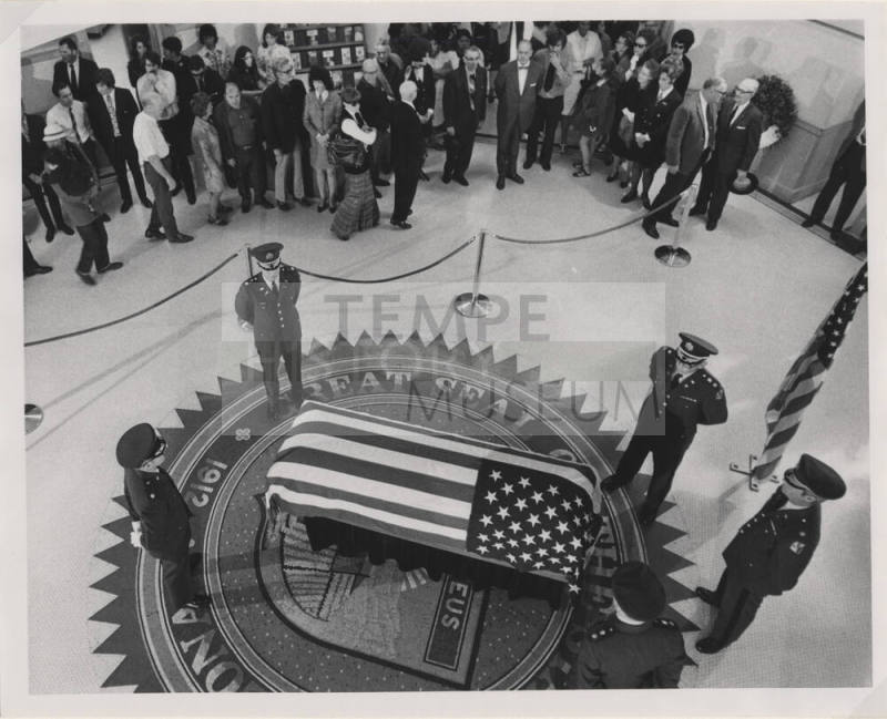 Bird's eye view of Carl Hayden's Coffin on the Seal of Arizona