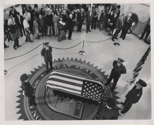 Bird's eye view of Carl Hayden's Coffin on the Seal of Arizona