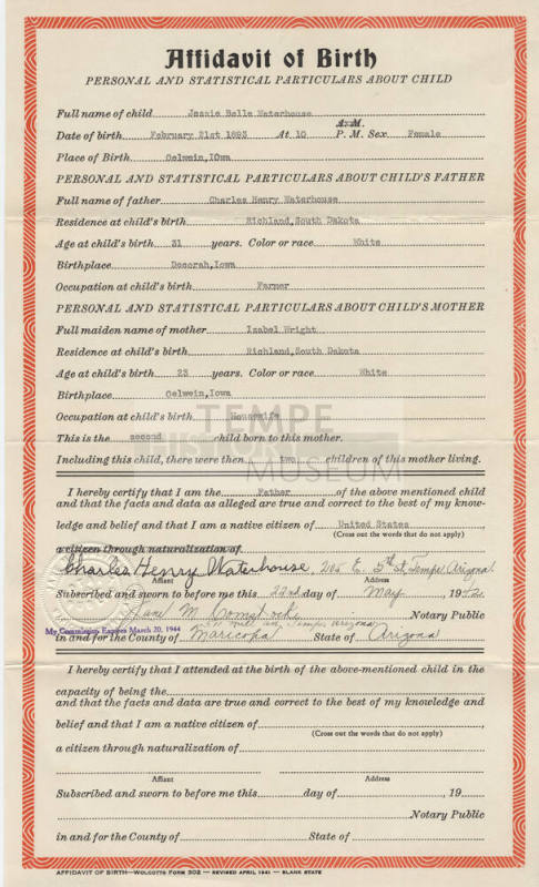 Jessie Belle Waterhouse Fisk Birth Certificate
