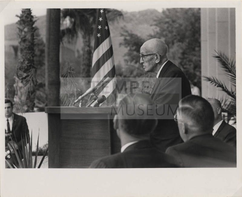 Carl Hayden at a podium for the ASU convocation of the C. T. Hayden Library.