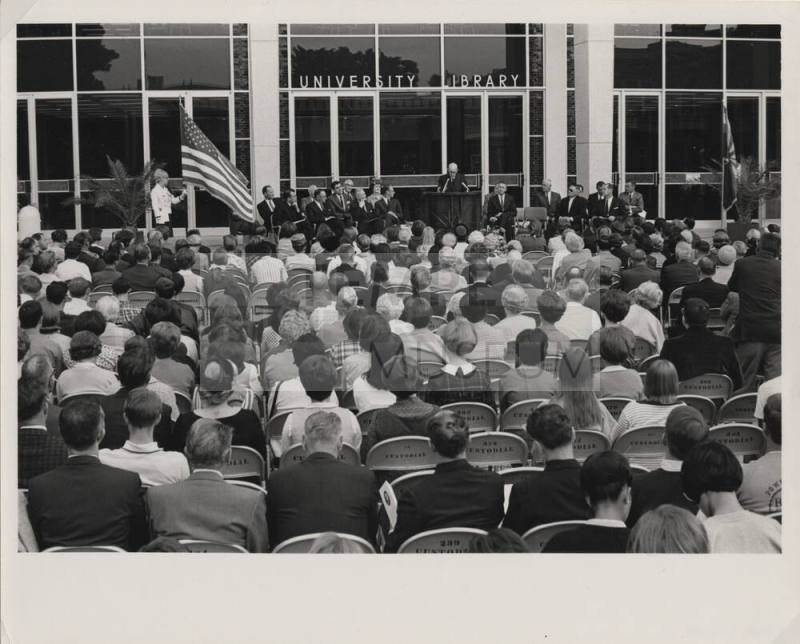 Carl Hayden addresses an audience at the convocation of the C. T. Hayden Library