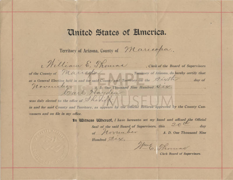 Certificate of Election of Sheriff, Carl Hayden