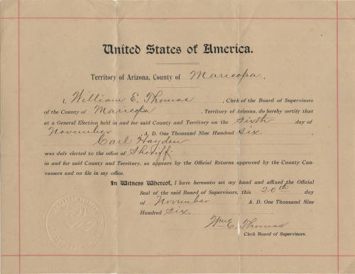 Certificate of Election of Sheriff, Carl Hayden