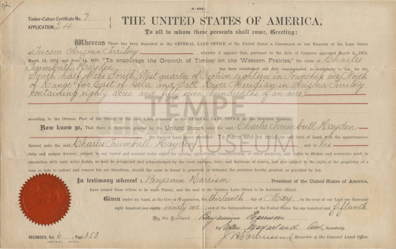 Certificate of Sale of Land to Charles T. Hayden