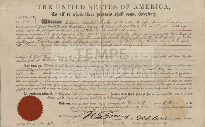 Sale Certificate of Arizona Land to Charles T. Hayden