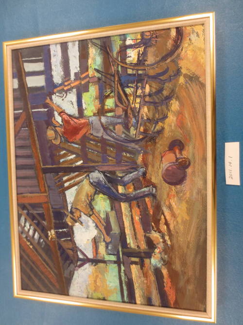 Painting of Workers in the Petersen Barn by Gene Corno
