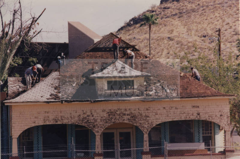 Close view of roof reconstruction Moeur House