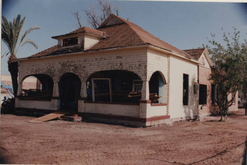 Corner view of Moeur House restoration with new roof