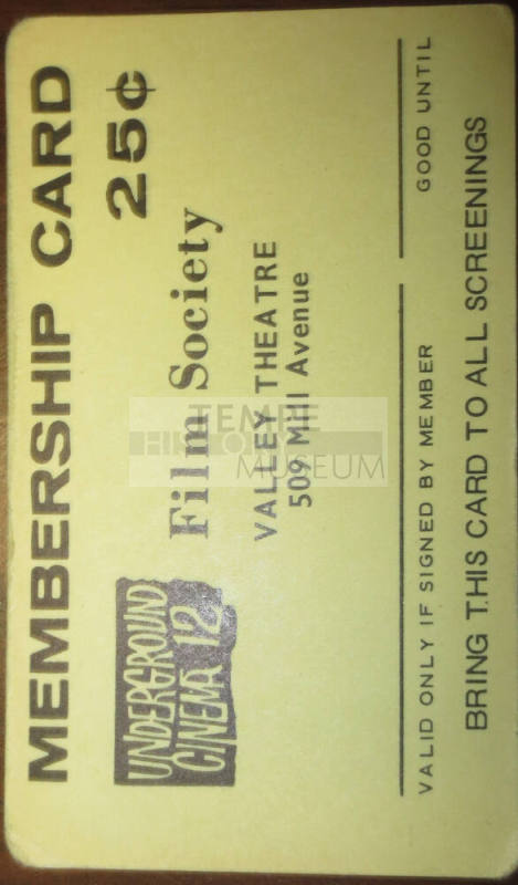 Underground Cinema 12 Film Society Valley Theatre Membership Card