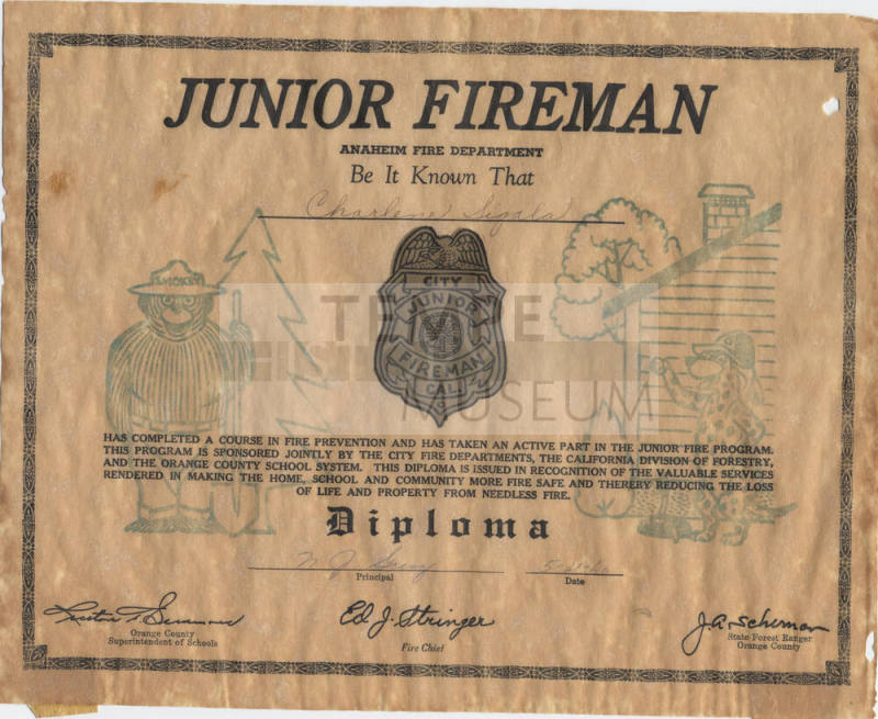 Junior Fireman Certificate to Charlene Sigala 1960