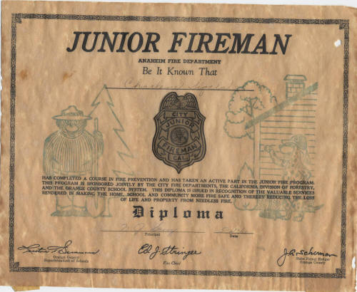 Junior Fireman Certificate to Charlene Sigala 1960