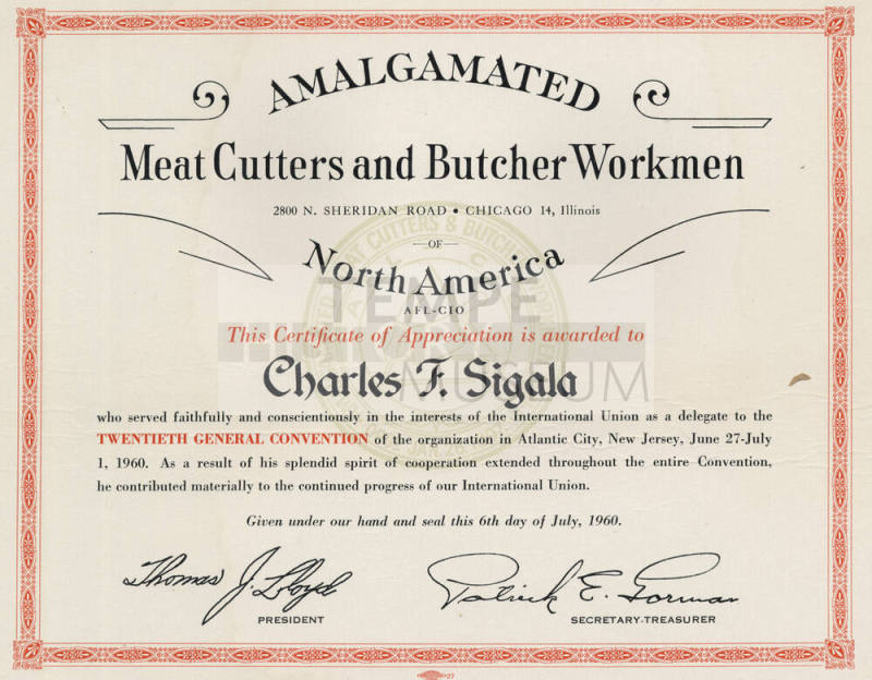 Commemorative Certificate Amalgamated Meat Cutters and Butchers, to Charles Sigala, 1960