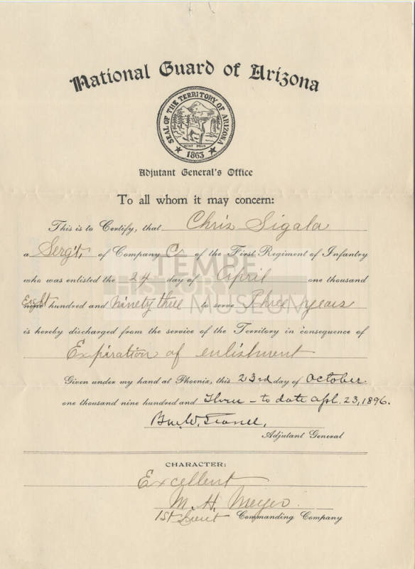 Charles Sigala discharge from National Guard of Arizona, 1896