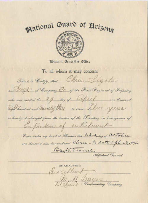 Charles Sigala discharge from National Guard of Arizona, 1896