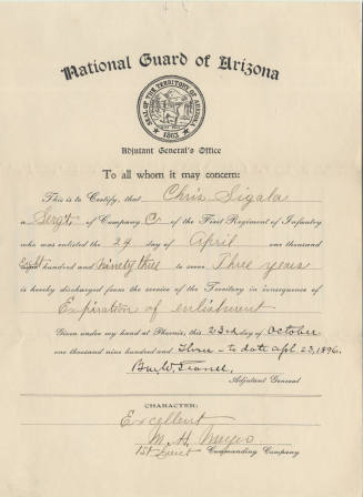 Charles Sigala discharge from National Guard of Arizona, 1896