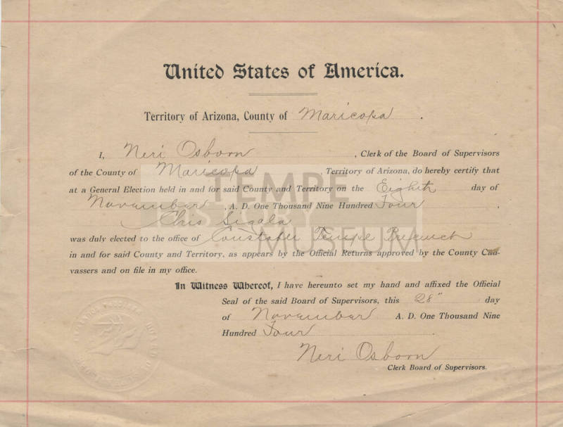 Chris Sigala elected as constable of Tempe precinct, 1904