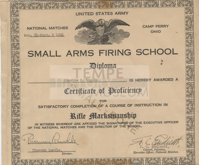 Charles Sigala Rifle Marksmanship Certificate, Camp Perry, 1941
