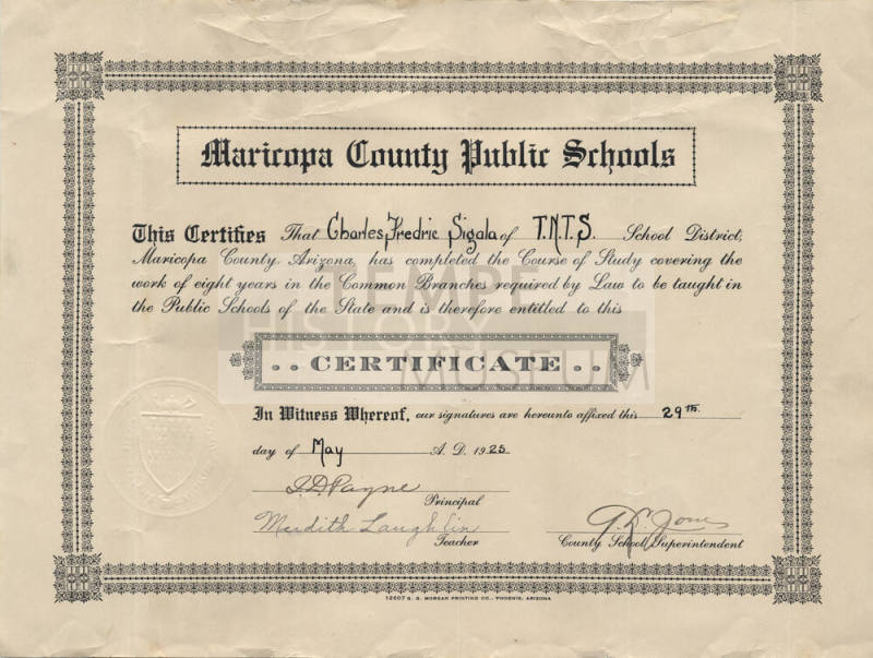 Charles Sigala 8th Grade Graduation Certificate
