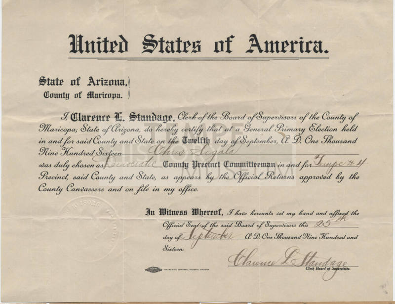 Chris Sigala elected Dmocratic County Precinct Committeeman, Tempe, 1916