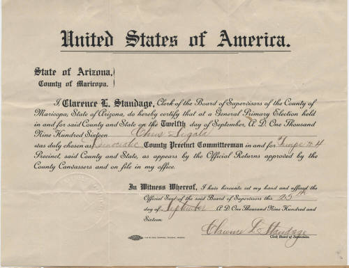 Chris Sigala elected Dmocratic County Precinct Committeeman, Tempe, 1916